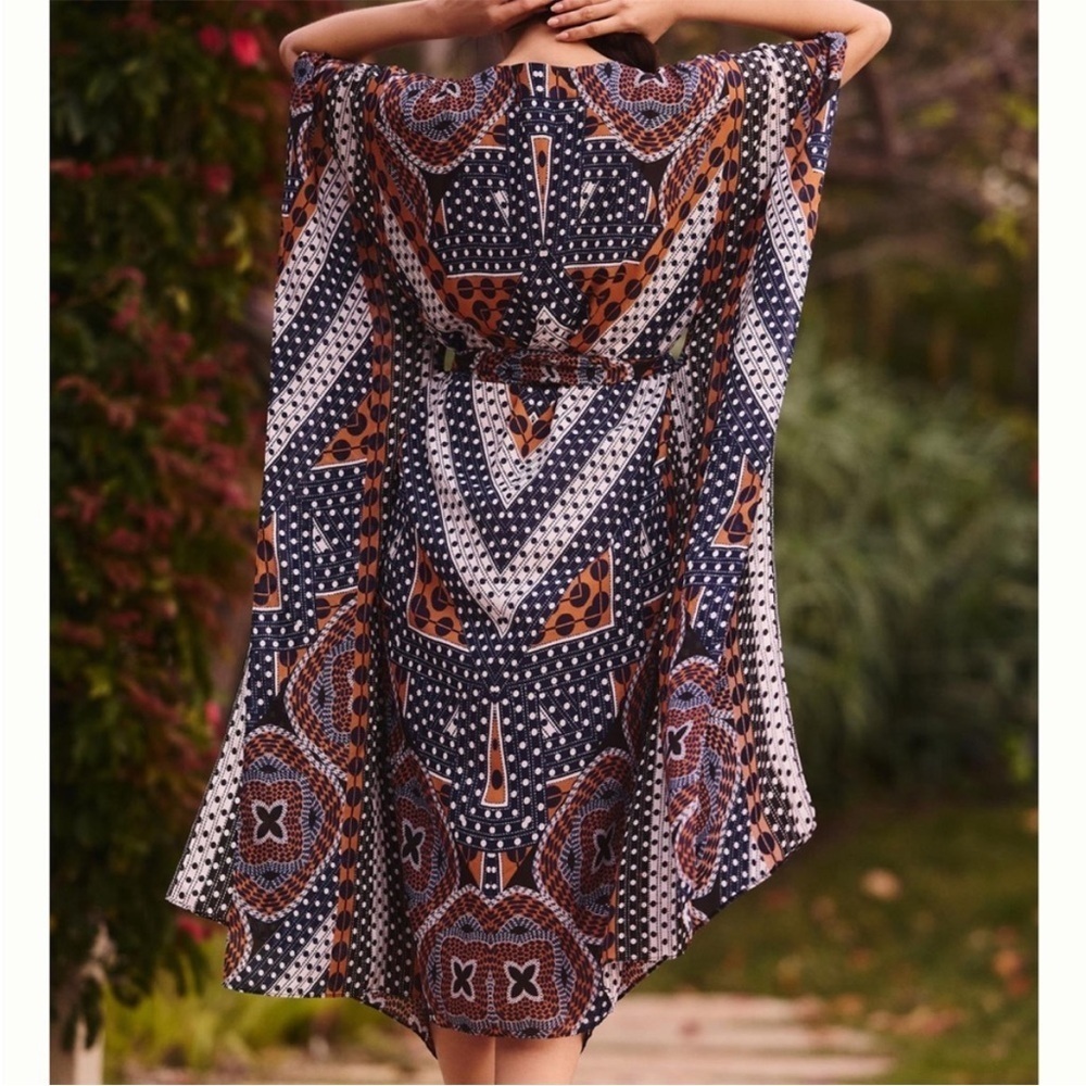 Anthropologie Moselle Long Kimono Duster Robe Navy Blue White Belt Sz XS/S